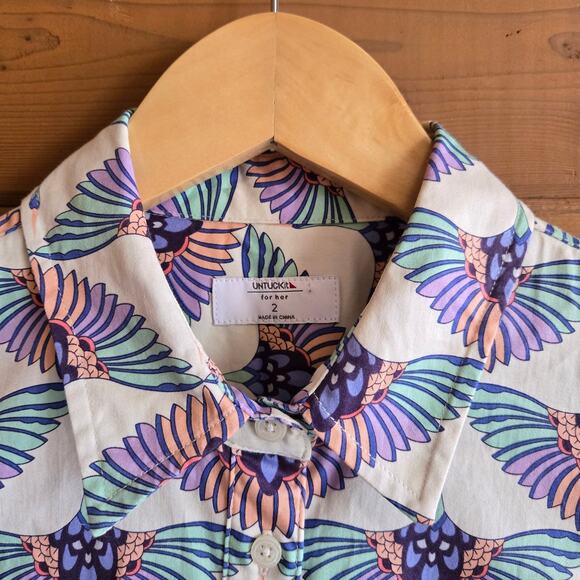 Untuckit Stretch Cotton Midi Peyton Shirtdress 2 Swan Print Bird Belted Buttons - Picture 4 of 6